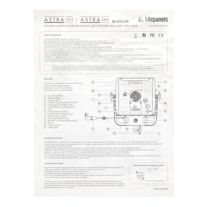 【中古品】LITEPANELS 935-3201 Astra 6X Bi-Color トラベラーデュオ Vマウントキット(ジャンク品)