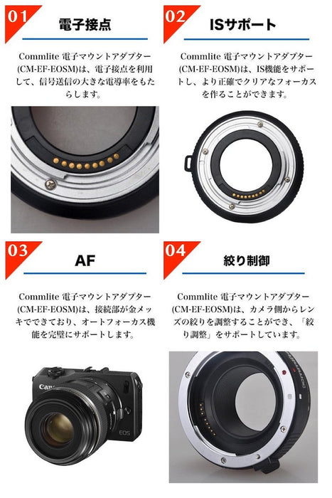 Commlite CM-EF-EOSM レンズマウントアダプター CM-EF-EOSM(キヤノンEFマウントレンズ → キヤノンEF-Mマウント変換) 電子接点付き